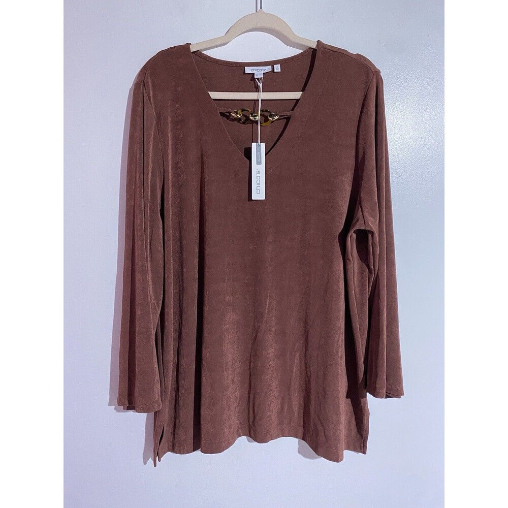 Chicos Top Womens 4 XXL Brown liquid Slinky Knit Boho Artsy Corpcore Office